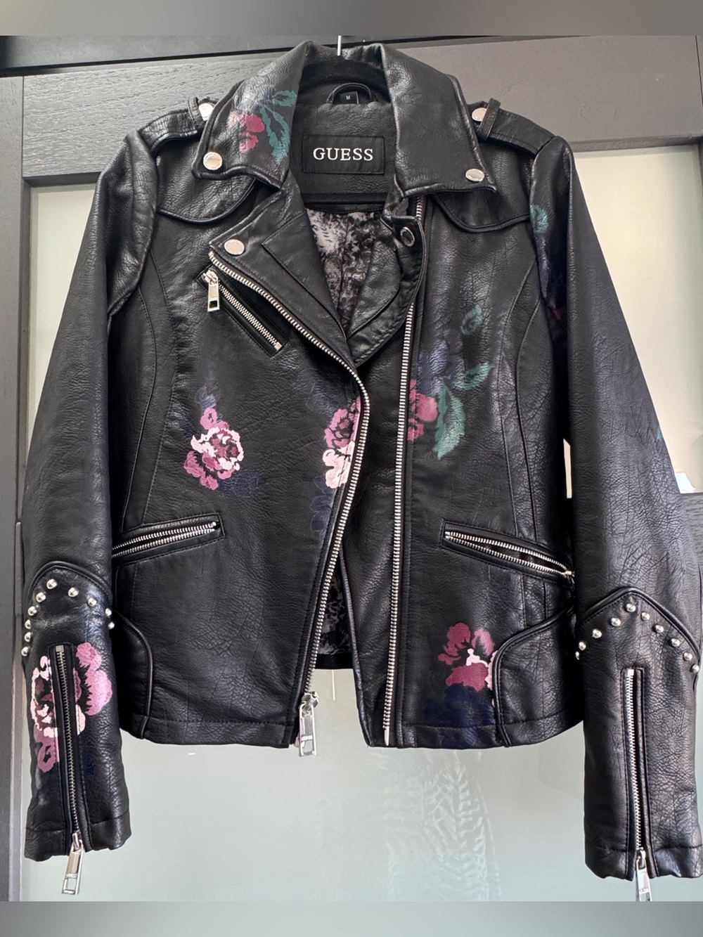 GUESS Floral Studded Faux Leather Crop Moto Jacket, Women's Size M